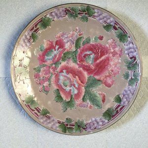 Vintage Chinese plate handpainted Macau 10" decorative plate red flowers grapes